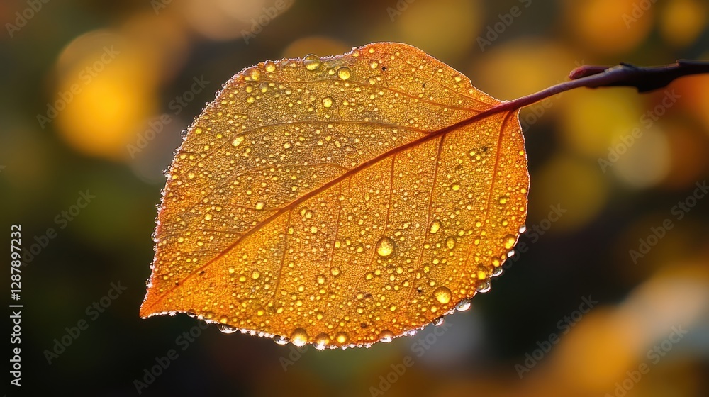 Poster a leaf with a textured surface and droplets of water clinging to it, illuminated by soft sunlight.