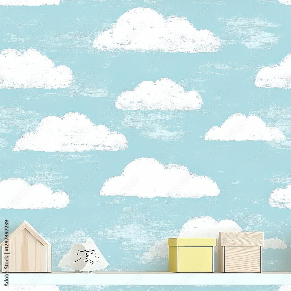 Poster toy shelf display clouds backdrop. wood toys sitting on shelf in front of a blue sky with white clou