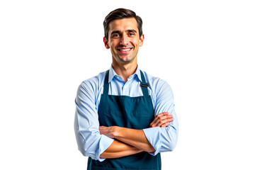Smiling middle-aged man portrait in apron. Isolated on transparent background. Use for retail, service industry, website hero, online ads. Friendly worker.