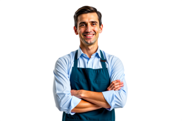 Smiling middle-aged man portrait in apron. Isolated on transparent background. Use for retail, service industry, website hero, online ads. Friendly worker.