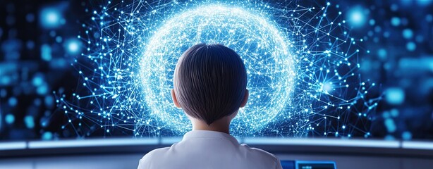 cozy home workspace Scandinavian office A person gazes at a futuristic data visualization, representing innovation and digital transformation.
