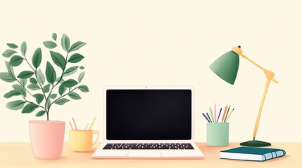 cozy home workspace Scandinavian office A stylish workspace featuring a laptop, potted plants, colorful stationery, and a bright desk lamp for inspiration.