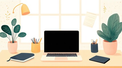 cozy home workspace Scandinavian office A stylish home office setup with a laptop, notebooks, and plants, perfect for productivity and inspiration.