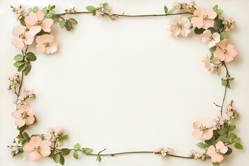 Fototapeta premium Delicate peach blossoms arranged in a rectangular frame on a creamy background. Perfect for spring or wedding themes.
