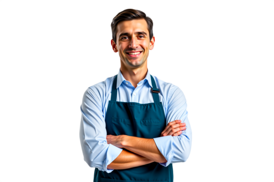 Smiling middle-aged man portrait in apron. Isolated on transparent background. Use for retail, service industry, website hero, online ads. Friendly worker.