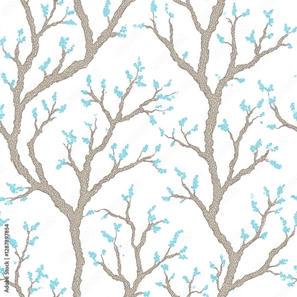 Aufkleber tree branches with blue leaves against a white backdrop creating an abstract floral pattern