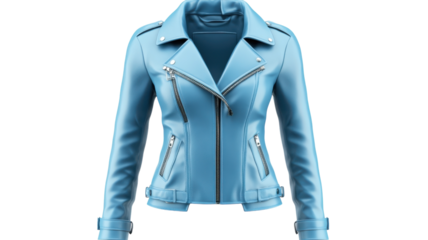 Stylish blue leather jacket showcasing modern design with multiple zippers and a fitted silhouette ideal for contemporary fashion