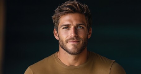 Obraz premium Man with a beard and a smile is standing in front of a dark background. He is wearing a brown shirt