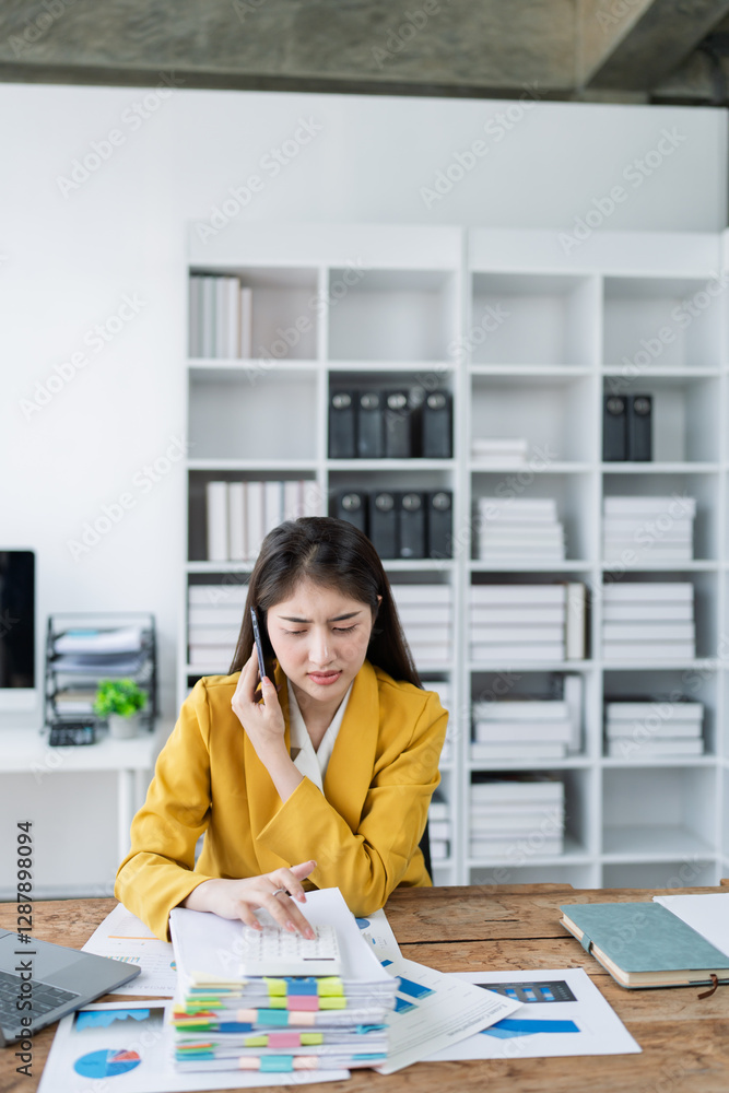 Aufkleber focused businesswoman analyzing charts and data while on a phone call in a modern office setting