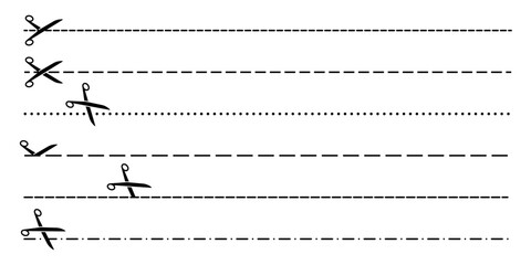 Set of cut here scissors line. Icons of scissors with dash line for paper, coupon and voucher