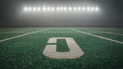 Football Field Perspective with Number Zero and Lights Above