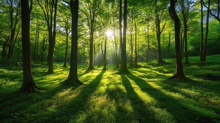 Obraz premium A lush green forest with sunlight filtering through the trees, casting soft shadows on the ground.