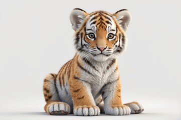 Obraz premium Adorable tiger cub sitting on white background.