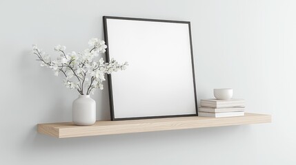 Empty picture frame on wooden shelf with flowers