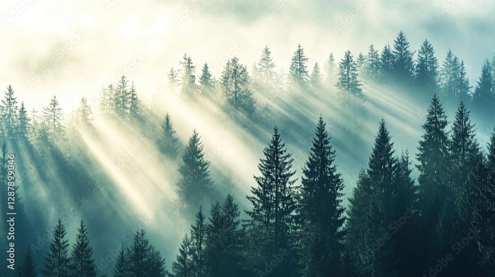 Poster a misty evergreen forest with towering conifer trees and soft beams of light breaking through the fo