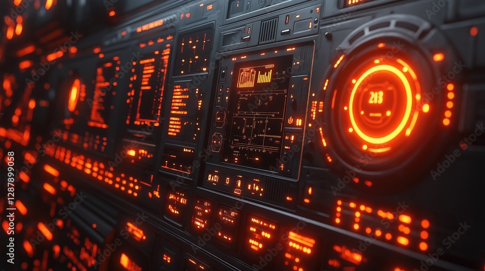 Poster futuristic ai-powered dashboard displaying cost analytics with glowing orange elements, showcasing a