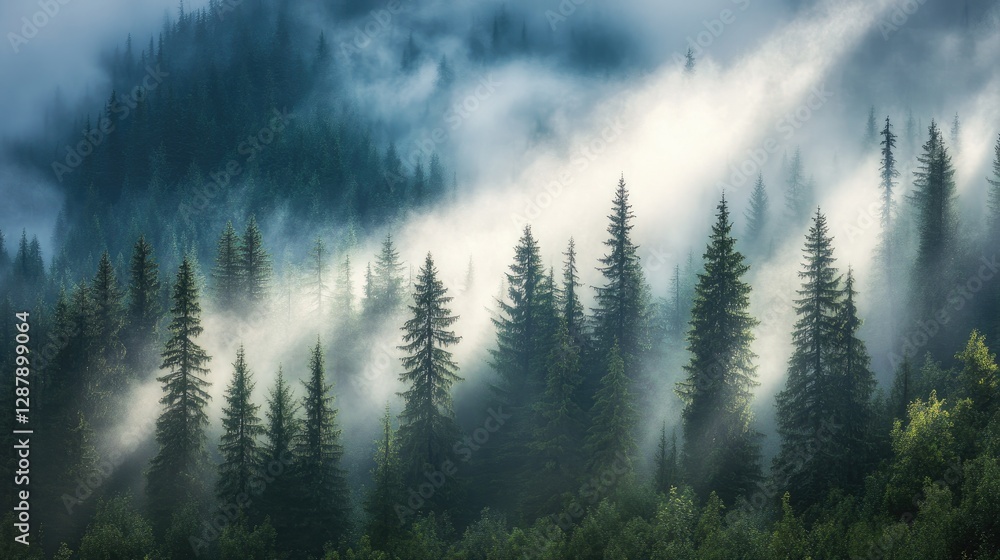Poster a misty evergreen forest with towering conifer trees and soft beams of light breaking through the fo