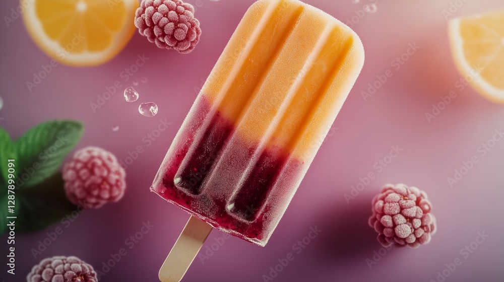 Poster popsicle with a raspberry and orange flavor. the popsicle is surrounded by raspberries and a lemon