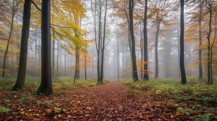 Obraz premium A misty evergreen forest during the fall, with soft fog and colorful autumn leaves on the forest floor.
