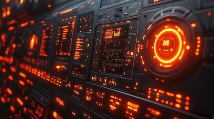 Obraz premium Futuristic AI-powered dashboard displaying cost analytics with glowing orange elements, showcasing advanced technology and data visualization.