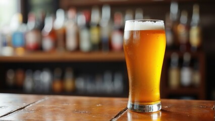 Pint of Non-Alcoholic Beer on a Wooden Bar in a Lively Pub, Showcasing Refreshing Drinks for Bars and Restaurants