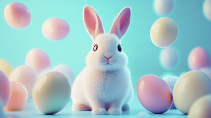 Obraz premium cute white rabbit surrounded by colorful Easter eggs