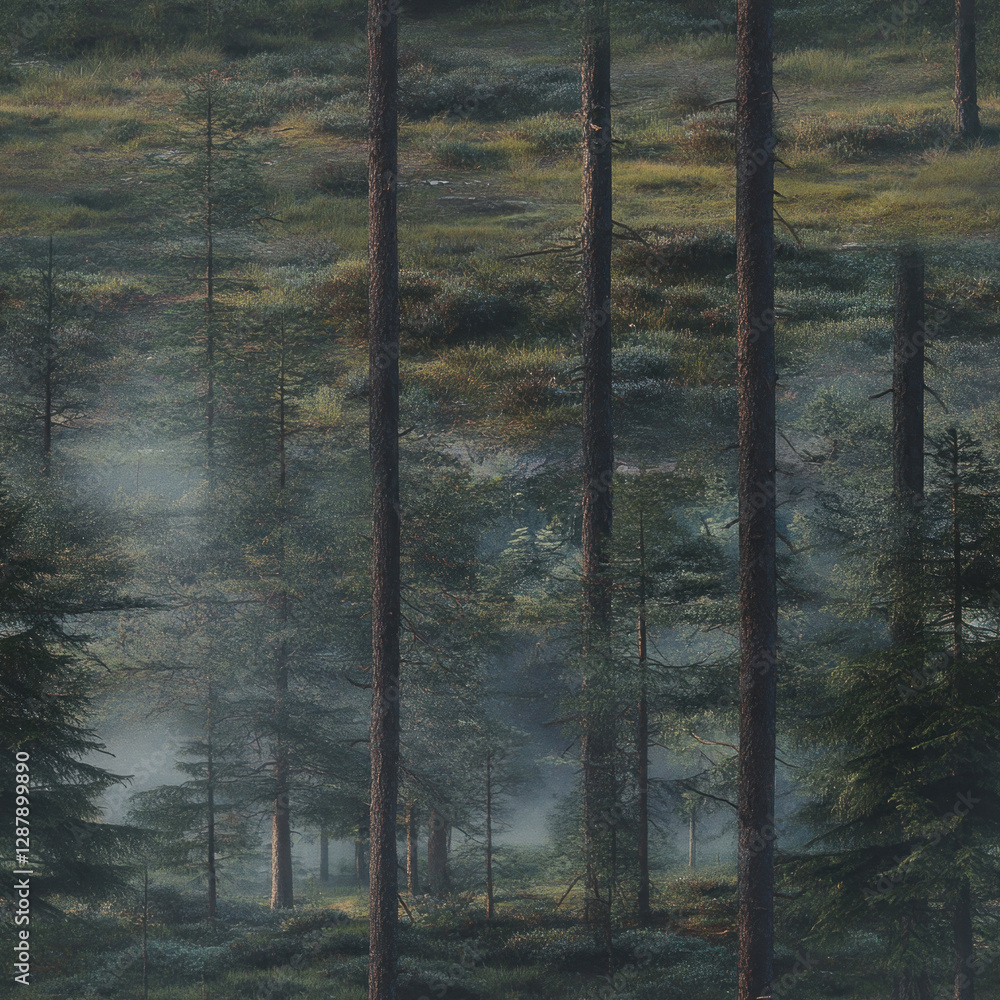 Poster trees stand serene in misty forest. tranquil nature scene with hazy background
