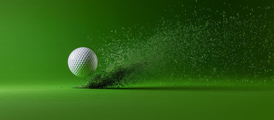 Dynamic studio mockup showcasing a golf ball in motion with a vibrant green background, emphasizing the impact of a powerful golf swing
