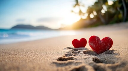 Fototapeta premium Two red hearts are placed on the sand at the beach. Concept of love and romance, as the hearts are a symbol of affection. The beach setting adds to the romantic atmosphere