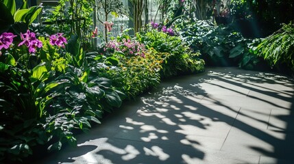 A peaceful garden with a collection of ornamental plants and flowers, with sunlight casting long shadows on the ground.