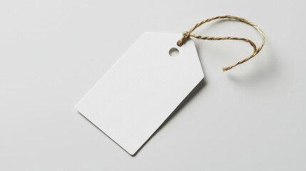 Minimalist blank white paper tag with a string on grey background perfect for design and branding projects.