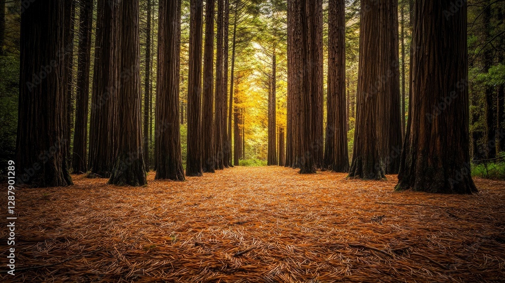 Poster a quiet evergreen forest with towering trees and a carpet of fallen needles, creating a peaceful atm