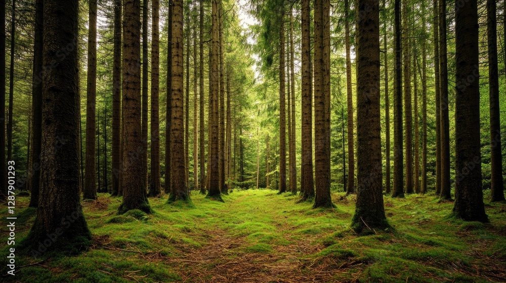 Poster a quiet evergreen forest with towering trees and a carpet of fallen needles, creating a peaceful atm