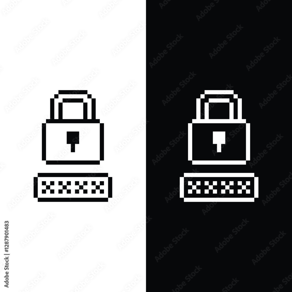 Poster pixel password protection icon. vector pixel art security password sign padlock 8 bit logo for game