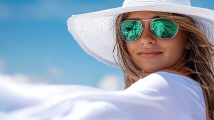 Fototapeta premium Woman wearing a white hat and sunglasses is smiling at the camera. Concept of happiness and relaxation, as the woman is enjoying a sunny day outdoors. The combination of the hat