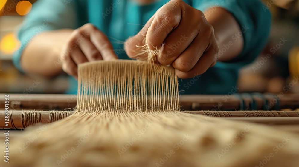 Poster skilled artisan manipulating textile weaving tools in an industrial factory setting with intricate t