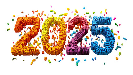Colorful 2025 numbers with playful shapes and vibrant confetti emphasizing celebration and optimism for the new year