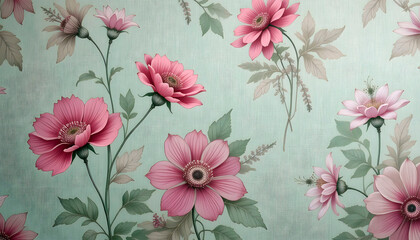 Fototapeta premium Romantic floral design for spring cards featuring amaranth pink blooms and green backdrop