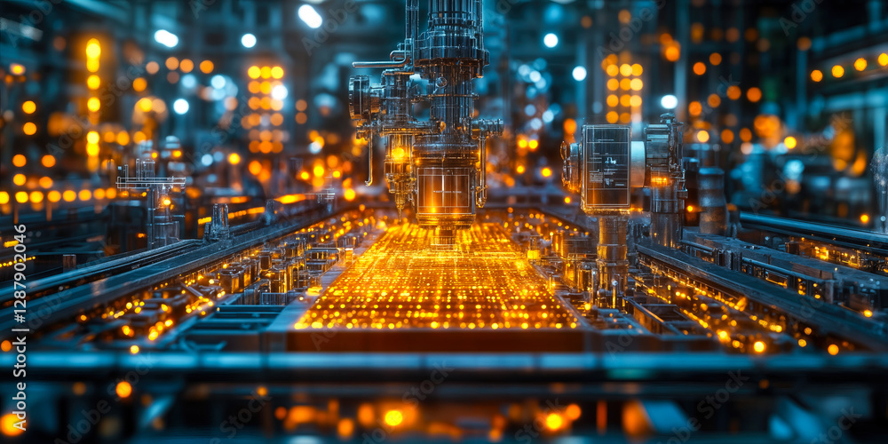 Poster futuristic manufacturing facility with real-time data analytics and advanced machinery operations in