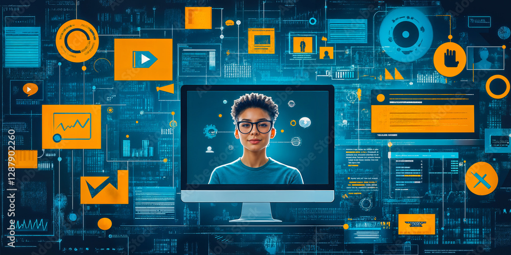 Poster digital marketing concept with data visualization and analytics on computer screen in futuristic int