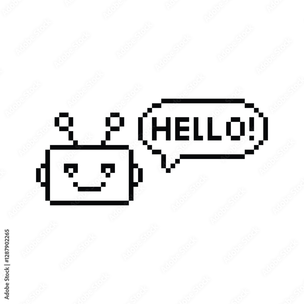 Poster chatbot icon with chat bubble hello 8 bit, pixel art bot icon for game logo.
