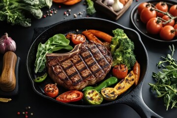 Grilled steak with fresh vegetables kitchen food photography dark background top-down view culinary delight