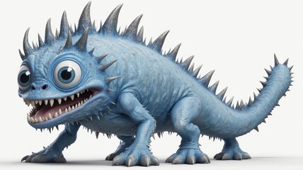 Fototapeta premium Cartoon blue lizard monster with spikes, big eyes, and sharp teeth.