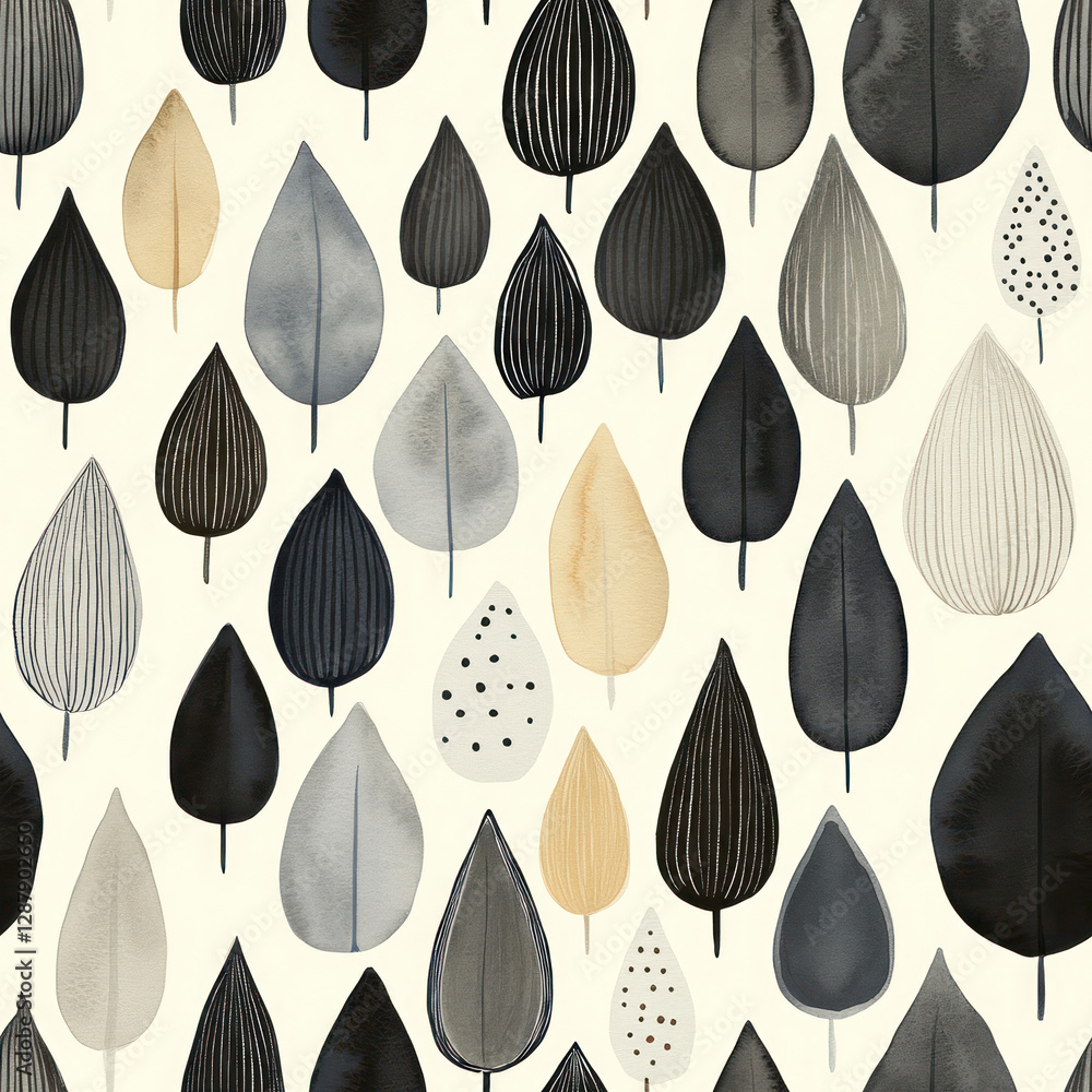 Poster varied leaf pattern. simple, monochromatic backdrop creates a forest-like texture and effect