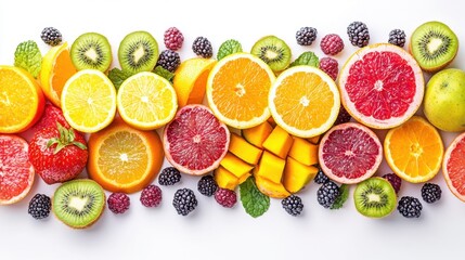 A visually appealing display of fresh fruits and vegetables on a white background, highlighting the benefits of a healthy lifestyle.