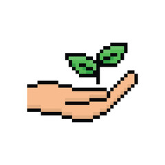 Fototapeta premium pixel hand holds Leaf sign icon. eco ecology sign art icon vector 8 bit game save nature