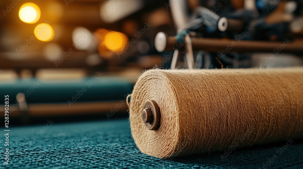 Poster close-up view of a spool of natural yarn on an industrial textile machine in a factory setting with 