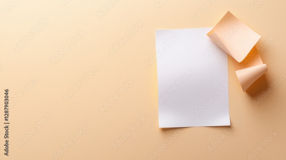 Poster minimalist layout with blank paper and sticky notes on beige background, ideal for design projects.