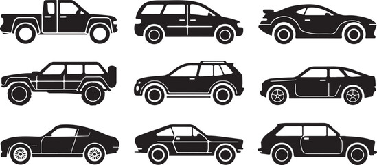 Fototapeta premium Car silhouette icon set in vector design, featuring various car types such as SUVs, sedans, and sports cars, perfect for automotive and vehicle-themed illustrations