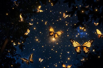 Fototapeta premium Butterflies illuminate a starry night sky in a mesmerizing display of nature's beauty and magic
